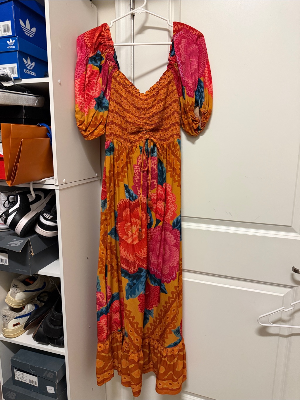 Farm Rio Mustard Maxi Dress With Pink & Blue Floral Print
